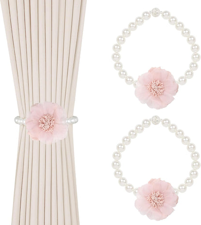 2 Pack of Pearl Magnetic Curtain Tiebacks with Handmade Flower Decorative Curtain Holdbacks Curtain Ties Magnetic Tie Backs for Curtains (2, Pink)