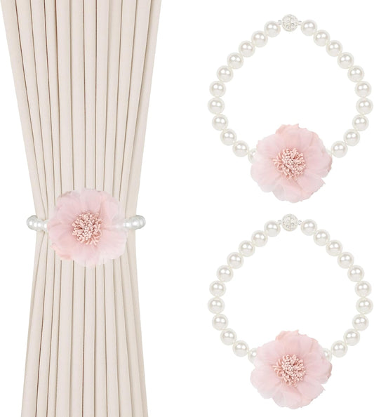2 Pack of Pearl Magnetic Curtain Tiebacks with Handmade Flower Decorative Curtain Holdbacks Curtain Ties Magnetic Tie Backs for Curtains (2, Pink)