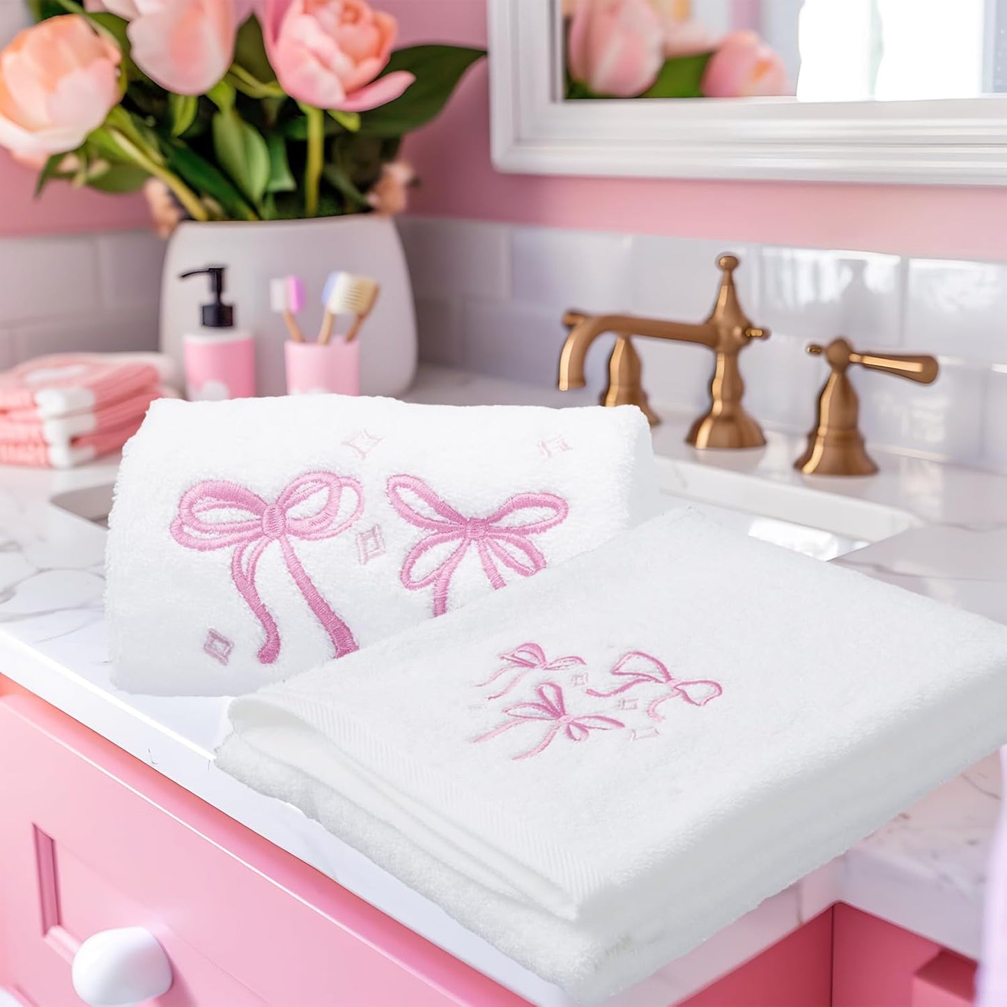 FYSUIMU Pink Bow Towel Set of 3 Cotton Embroidered Bow Knot Bath Towel Hand Towels Wash Cloth for Hand Drying Bathroom Shower Supplies