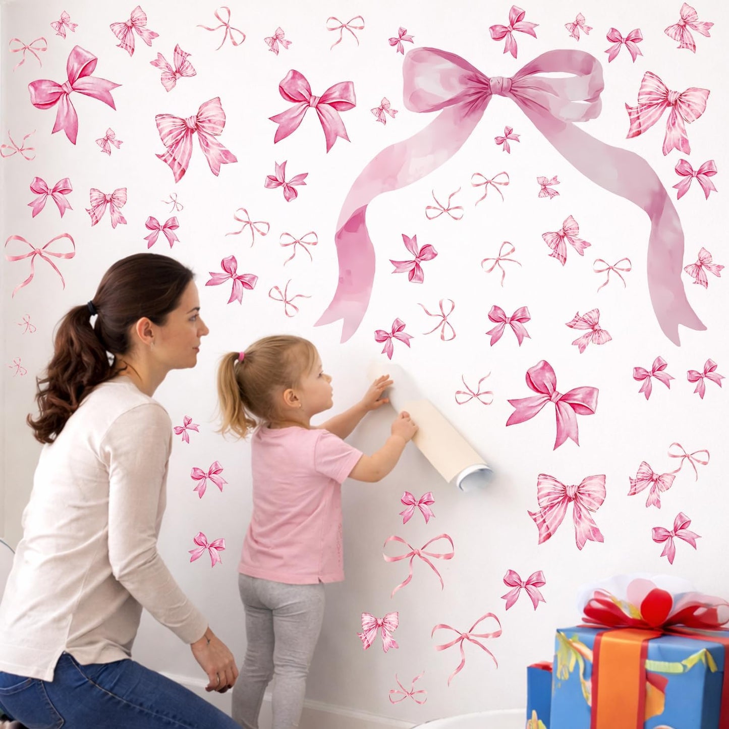WallWhim Pink Bow Stickers for Kids Room, Bow Wall Decor Stickers for Teens Girls, 13 Sheets 72 Pcs UV PVC DIY Removable Stickers for Nursery, Bedroom, Classroom Decor