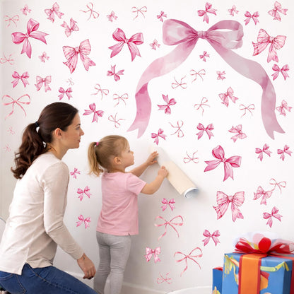 WallWhim Pink Bow Stickers for Kids Room, Bow Wall Decor Stickers for Teens Girls, 13 Sheets 72 Pcs UV PVC DIY Removable Stickers for Nursery, Bedroom, Classroom Decor