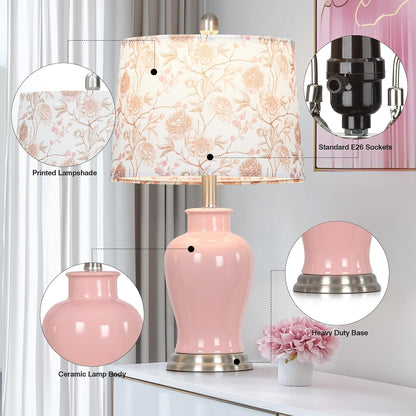 Ruzectt Pink Ceramic Table Lamp with Flower Lampshade, 23" Cute Bedroom Lamp with Ginger Jar Design, Modern Living Room Lamps Set 2, Elegant Bedside Lamps for Nightstand End Table Home Decor