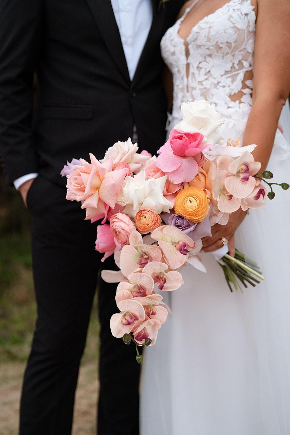 IPOPU 2pcs Champagne Pink Orchid Artificial Flowers, 34.3" Real Touch Fake Orchid Latex Phalaenopsis Branches for Home Party Wedding Bridal Shower Decoration