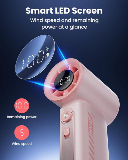 Koonie 19000 RPM High Speed Portable Handheld Fan,100 Speeds Mini Turbo Fan, 3600mAh, 12H Max Cooling Time, Digital Display, 5" Height, Rechargeable Hand Fan for Outdoor Indoor Pink
