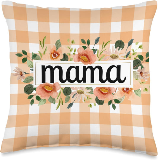Peach Gingham Check With Peach Flowers For Mama Throw Pillow