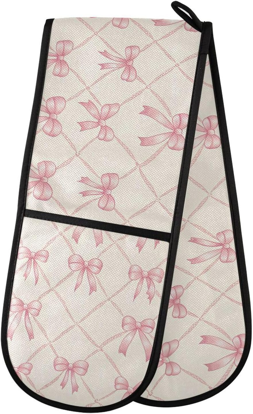 SUABO Double Oven Mitts for Handling Hot Pots 35"x7", Pink Bow Rhombus Plaid Pattern Heat Resistant Potholder for Kitchen Cooking Backing