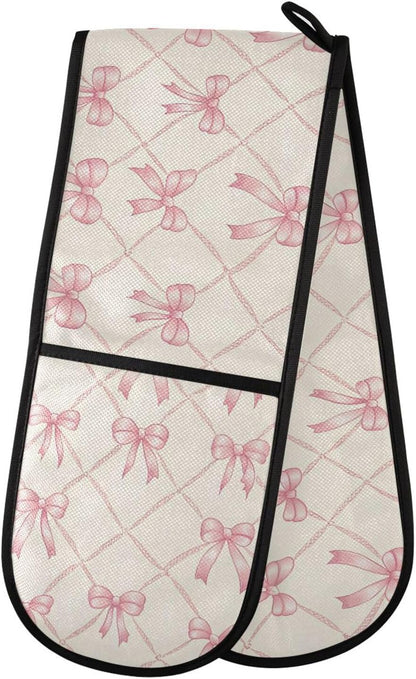 SUABO Double Oven Mitts for Handling Hot Pots 35"x7", Pink Bow Rhombus Plaid Pattern Heat Resistant Potholder for Kitchen Cooking Backing