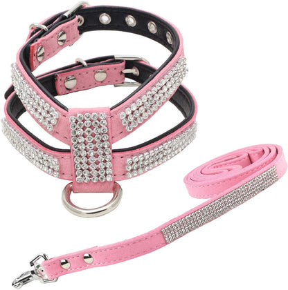 Fashion Puppy Harness with Diamantes and Lead Cute Girl Bling Dog Harness with Bling Leash for Small Dogs - Pink - M