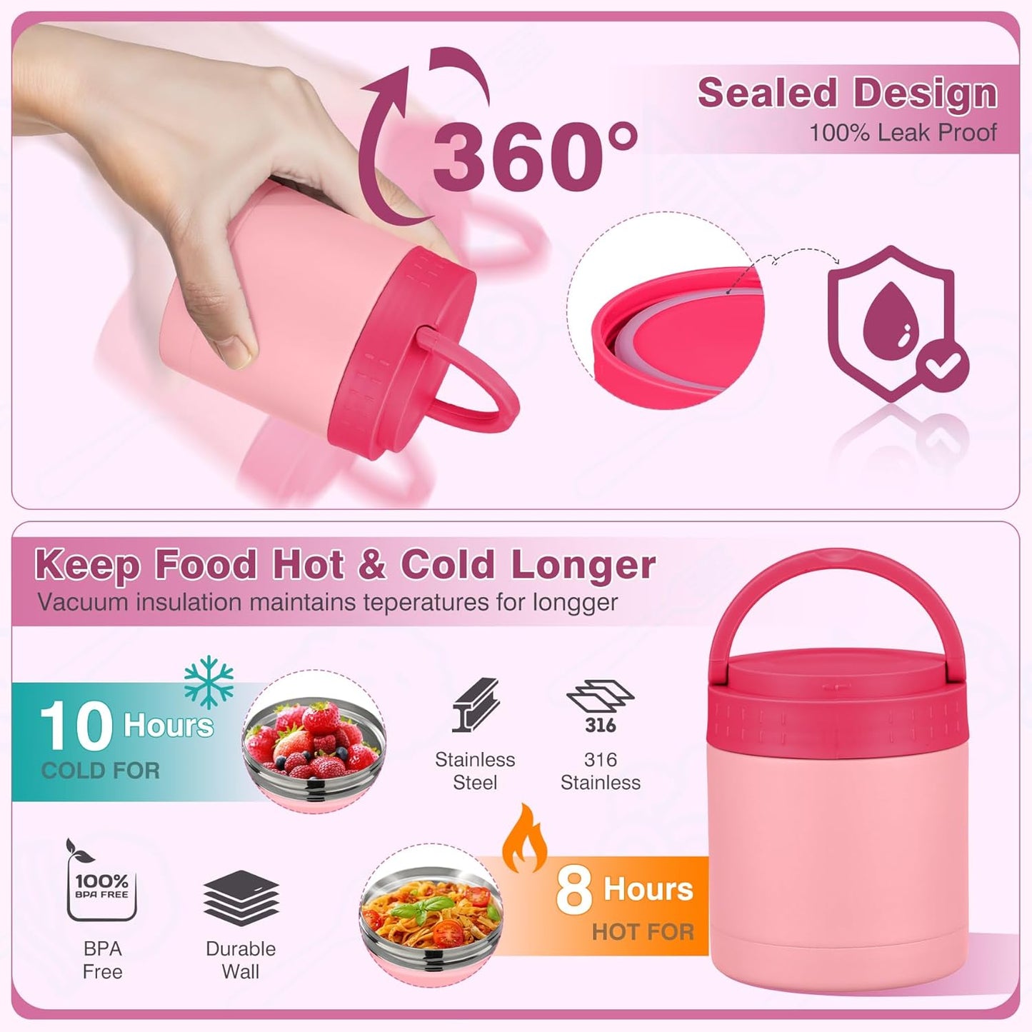 Bento Lunch Box Set with 10.5oz Soup Thermo Food Jar for Adults Kids, Stainless Steel Leak-proof Lunch Container with 4 Compartment, Coffee Tumbler with Lunch Bag for School Travel Office-Pink