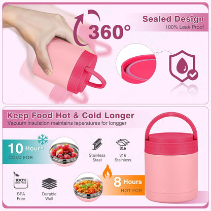 Bento Lunch Box Set with 10.5oz Soup Thermo Food Jar for Adults Kids, Stainless Steel Leak-proof Lunch Container with 4 Compartment, Coffee Tumbler with Lunch Bag for School Travel Office-Pink