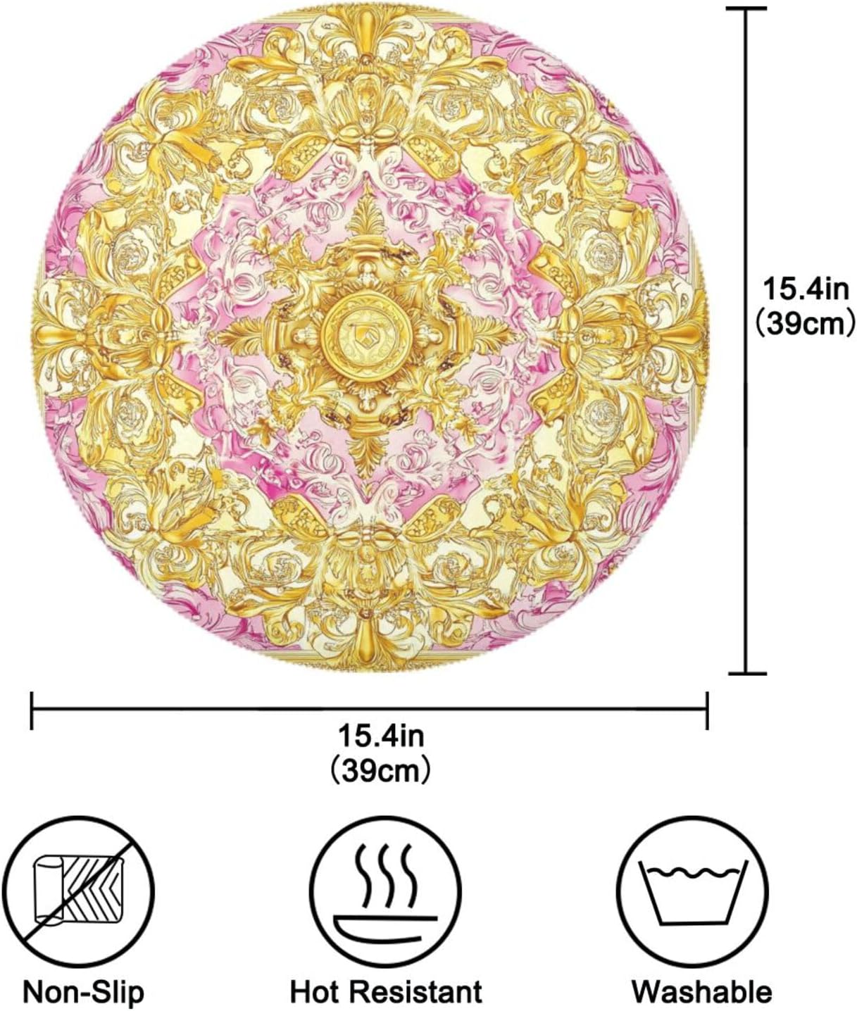 Retro Floral Pattern Gold and Peach placemat Round Table Reusable placemat Washable placemat Moroccan placemats for Dining Table placemats Heat Resistant Waterproof Place Settings for 6 for