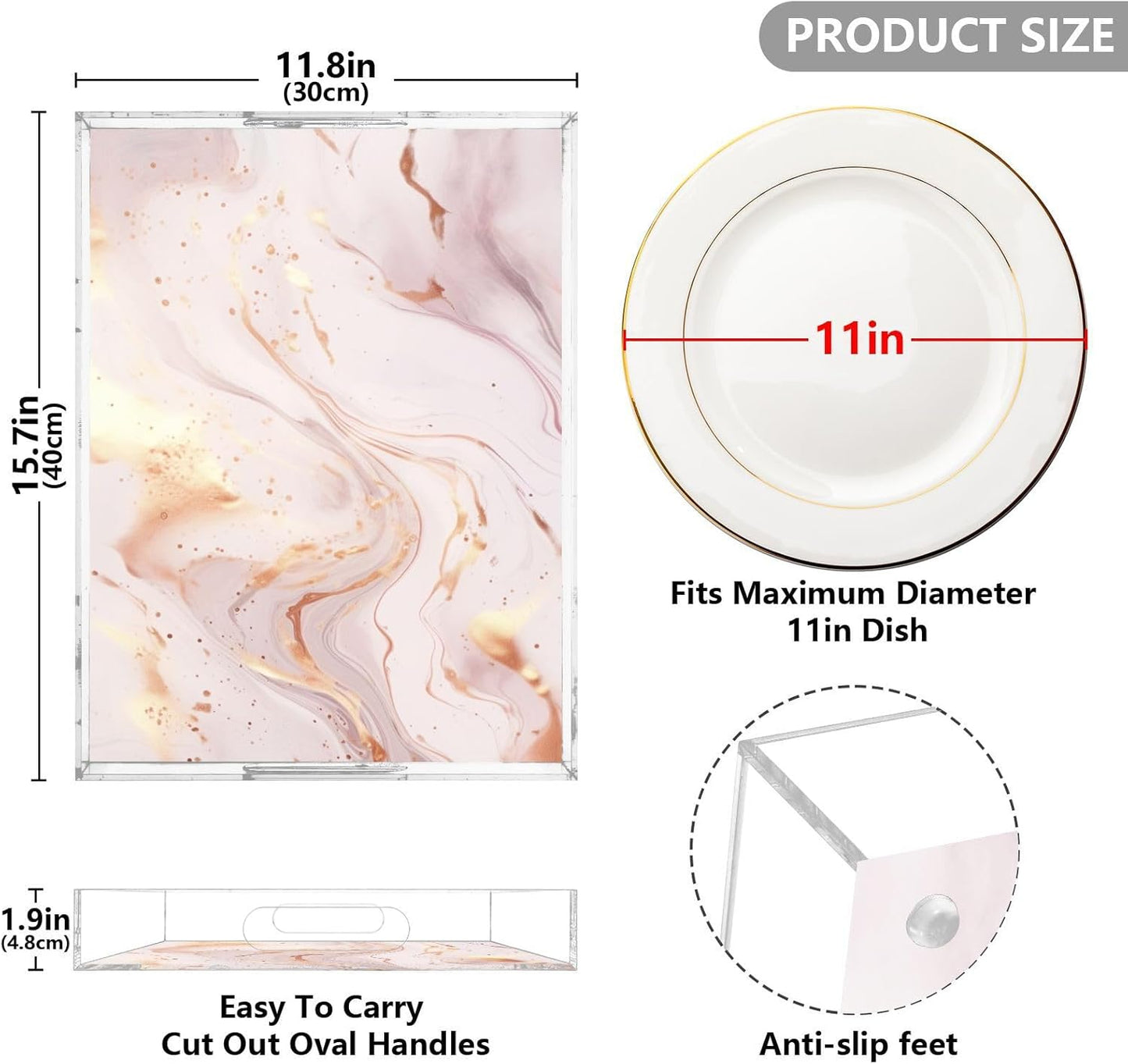Abstract Marble Gold Pink Serving Tray Acrylic Decorative Trays 16" x 12" Serving Platter with Handles for Coffee Table, Dessert Party, Bathroom Vanity Countertop