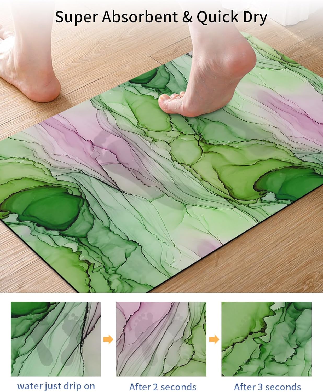 Green Pink Ink Marble Stone Bath Mat, Nautical Water Ripples Abstract 18" x 30" Super Absorbent, Dries Quickly, Non-Slip Diatomaceous Earth Bath Mats for Bathroom Kitchen Laundry