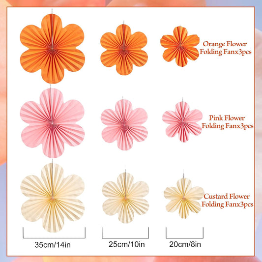 SUNBEAUTY Paper Flowers Decorations Pink and Orange for Wall Paper Fans Classroom Decoration Paper Floral Backdrop Decor Paper Fans Decor Hanging Paper Fans Orange Flower Wall Decor Set of 9