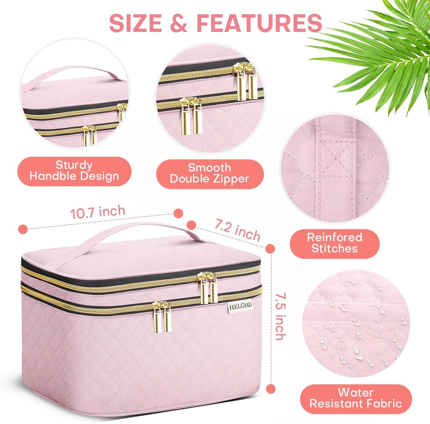 HXLGMD Large Makeup Bag with Mirror Double Layer Travel Make Up Organizer Case, Large Capacity Coemetic with Brush Slot Divider, Travel Toiletry Bag for Women (Pink)