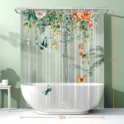 Clear Colorful Floral Butterfly Shower Curtain Liner, Plastic Pretty Pink and Orange Flower Green Eucalyptus Leaf Shower Curtains for Bathroom, 72x72 Weighted Magnetic Shower Curtain Set with 12 hooks