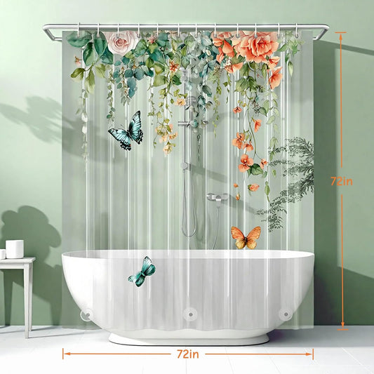 Clear Colorful Floral Butterfly Shower Curtain Liner, Plastic Pretty Pink and Orange Flower Green Eucalyptus Leaf Shower Curtains for Bathroom, 72x72 Weighted Magnetic Shower Curtain Set with 12 hooks
