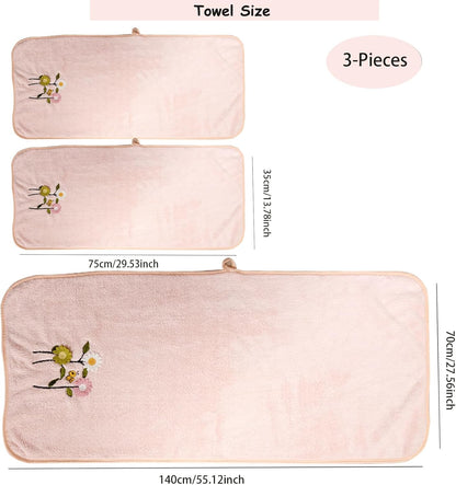 USTIDE 3 Pcs Daisy BathTowel Set Summer Flower Hand Towels Embroidered Coral Velvet Absorbent Pink Towels for Bathroom Decor Housewarming Gifts (1 Bath +2 Hand Towels)