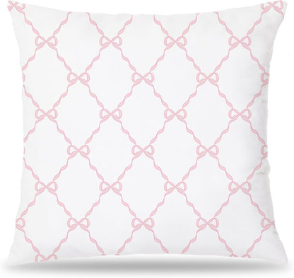 Coquette Pink Bow Pillow Covers 18x18, Preppy Block Print Pillow Covers, Preppy Room Decor, Girly Bedroom Decor, Coquette Stuff