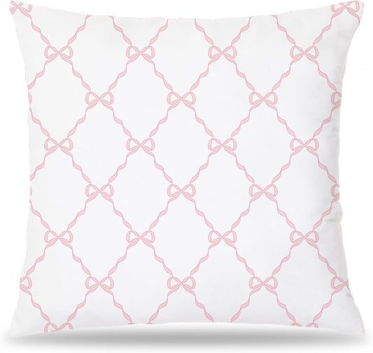 Coquette Pink Bow Pillow Covers 18x18, Preppy Block Print Pillow Covers, Preppy Room Decor, Girly Bedroom Decor, Coquette Stuff