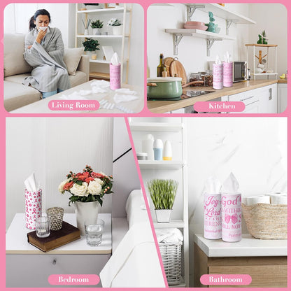 Outus 12 Pcs Christian Car Tissues Cylinder Holder with 3 Ply Facial Tissue Bulk Pink Bow Religious Round Tissue Holder Inspirational Scripture Travel Tissues Boxes Container for Car Cup Home Office