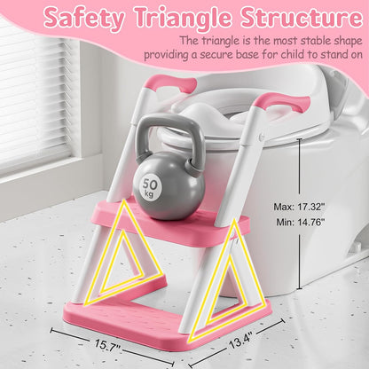 Potty Training Toilet Seat with Steps, 2-in-1 Toddler Toilet Seat for Boys Girls with Splash Guard Soft Anti-Slip Pad,Bright Pink
