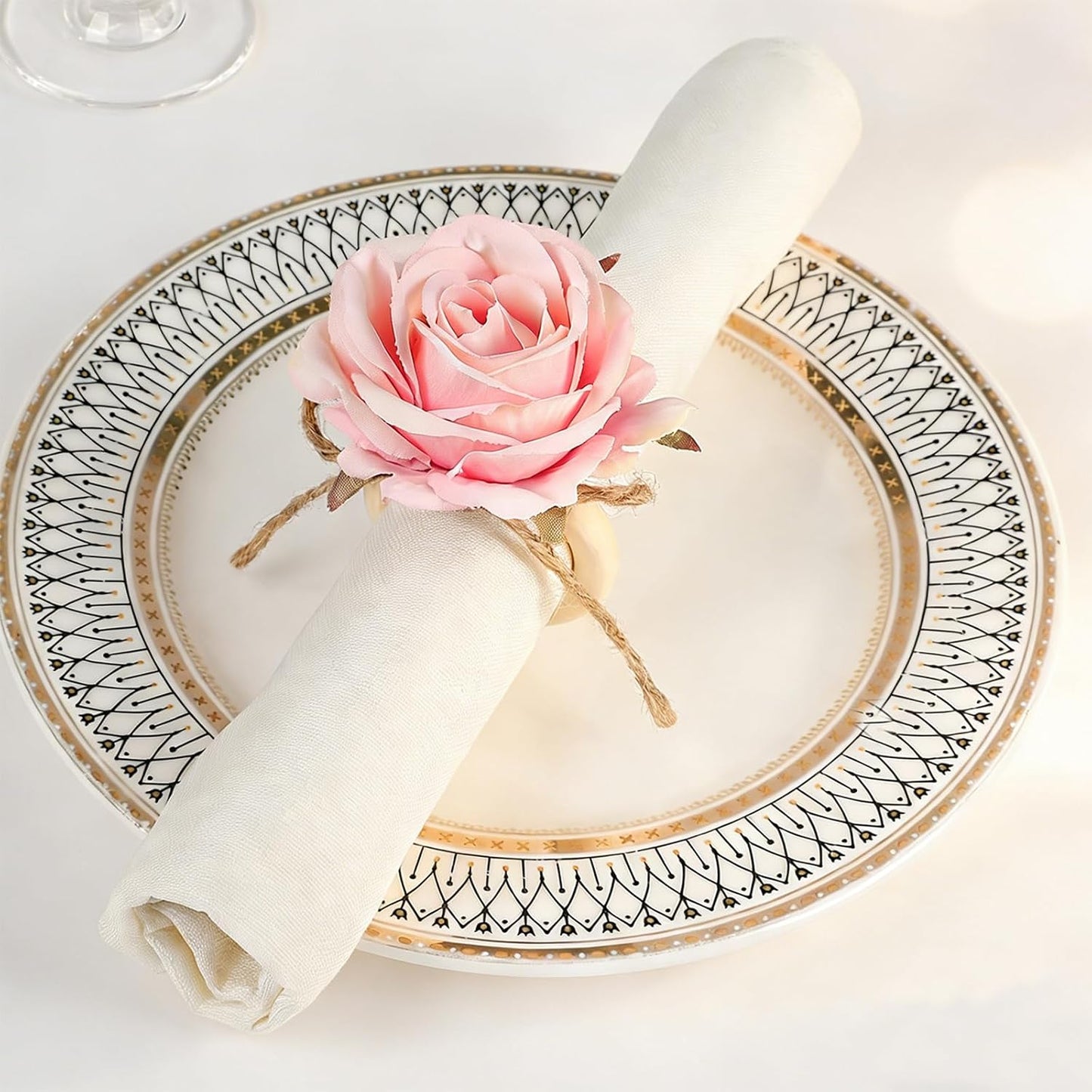 Flower Napkin Rings,24Pcs Floral Napkin Holders Wood Ring Buckles for Wedding Bridal Shower Thanksgiving Day Party Dinner Table Decoration (Pink)