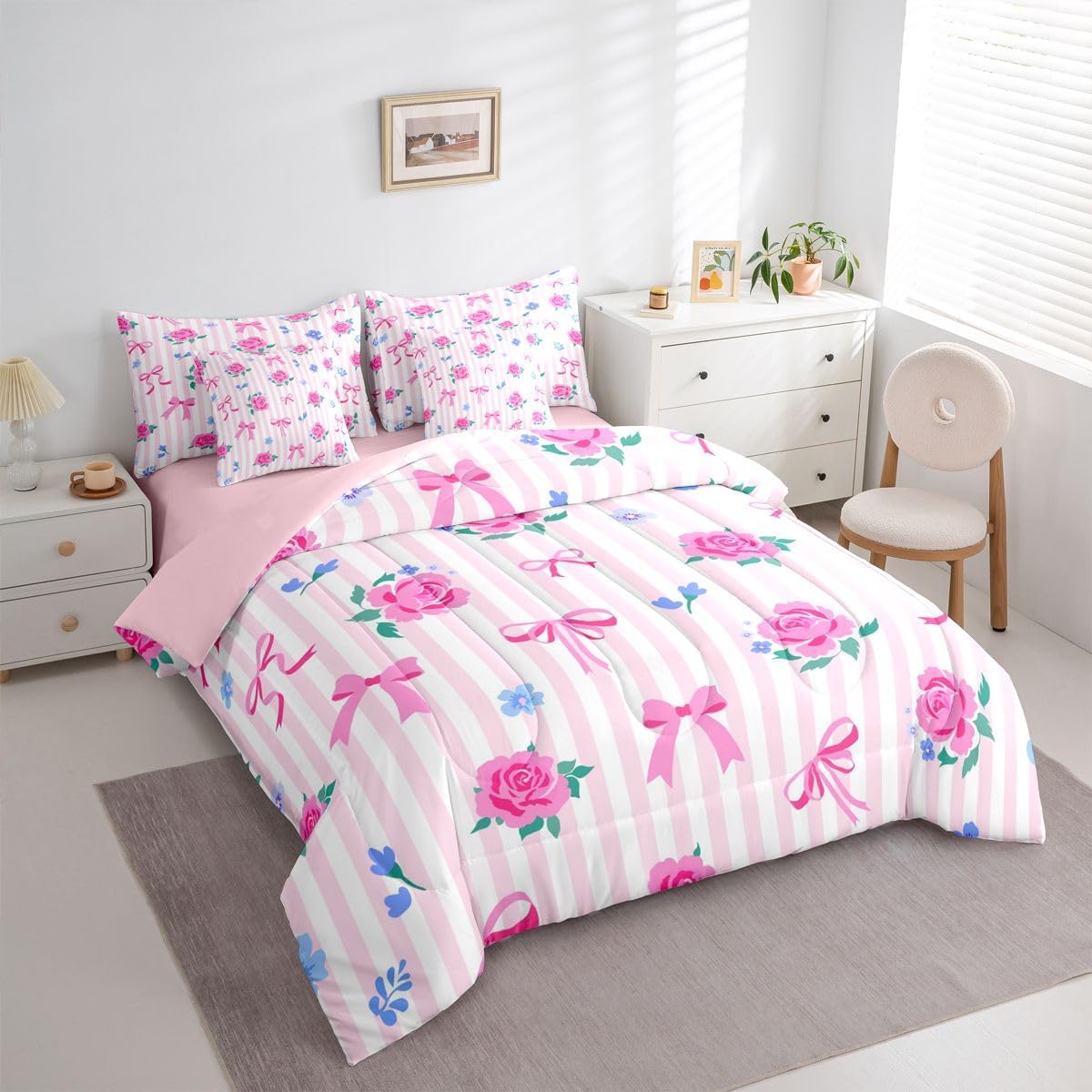 Feelyou Cute Bow Comforter Set with Sheets 7 Piece Queen Size Romantic Rose Flower Bed in a Bag Kids Boys Girls Bow Tie Striped Bedding Set Bedroom Decor Breathable Soft Lightweight Microfiber