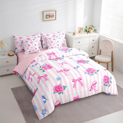 Feelyou Cute Bow Comforter Set with Sheets 7 Piece Queen Size Romantic Rose Flower Bed in a Bag Kids Boys Girls Bow Tie Striped Bedding Set Bedroom Decor Breathable Soft Lightweight Microfiber