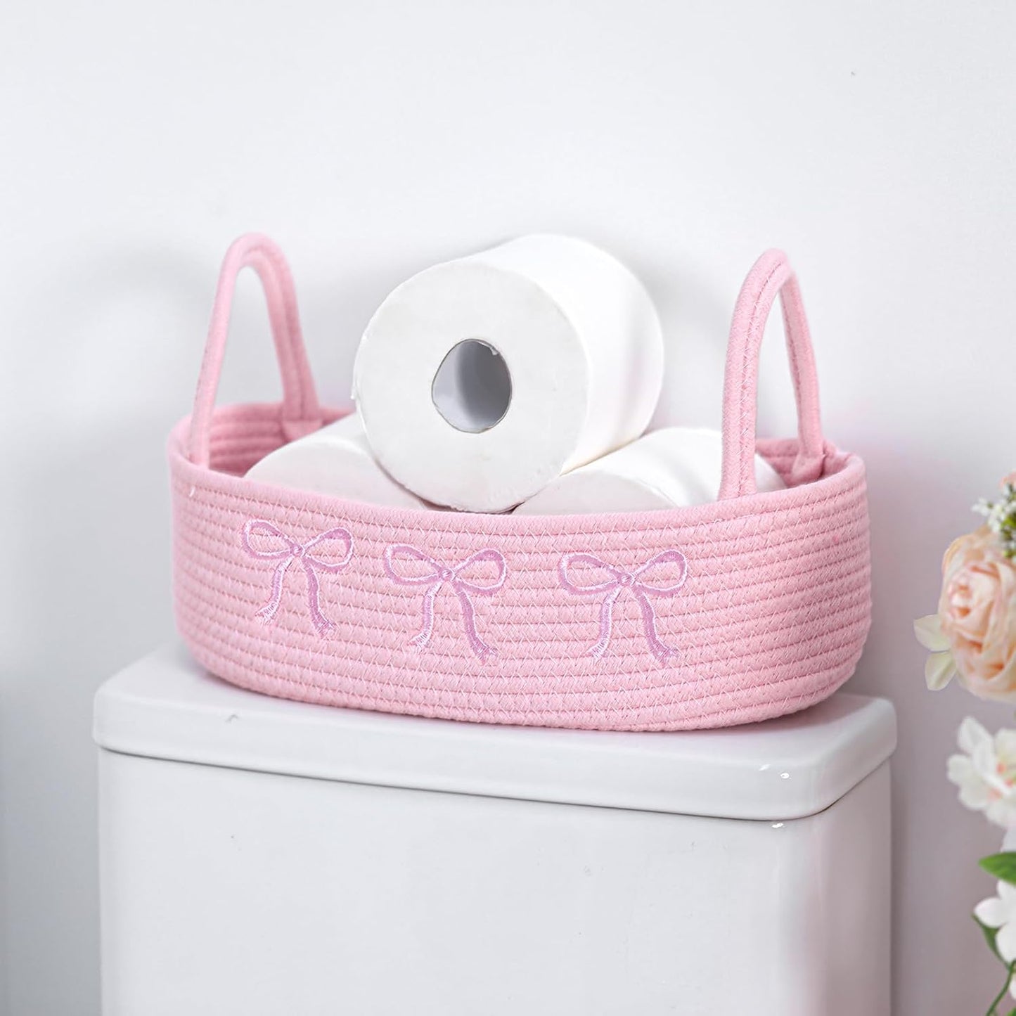 Vesici Pink Bow Woven Storage Basket for Toilet Tank Top Boho Cotton Rope Bathroom Countertop Organizer Basket with Handle Pink Bathroom Decor for Bedroom Nursery Toys Organizing, 13 x 6 x 4 Inch