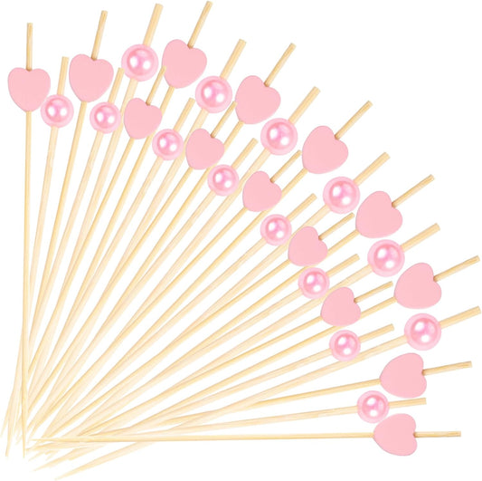 200 Pcs Heart Cocktail Picks Fancy Pearl Cocktail Toothpicks 4.7 Inch Long Bamboo Cocktail Picks Pink Food Toothpicks for Appetizers Cocktail Dessert Skewers Birthday Wedding Valentines Party