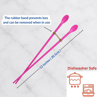 Reusable 12" Long Silicone Cooking Chopstick with Spoon & Band – Non-Slip, Stainless Steel Core, Non-Scratch Utensil for Tempura, Frying, Hot Pot, BPA-Free, Dishwasher Safe, Made in Korea ( Pink )