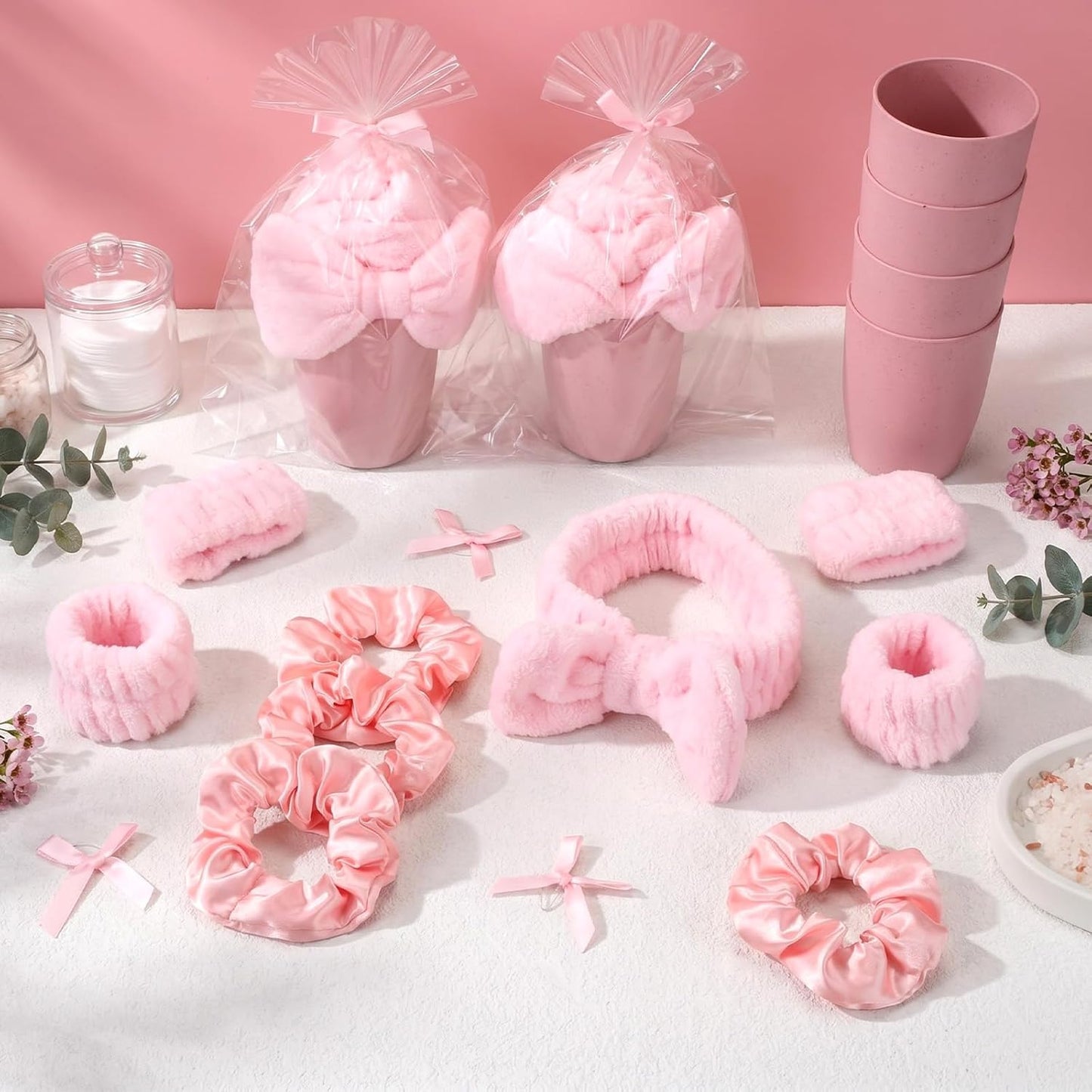 6 Set Sleepover Party Supplies for Girls Pink Toothbrush Cup Bow Headband Wristbands Scrunchies Slumber Gift for Women Birthday Bachelorette Sleepover Party Favors