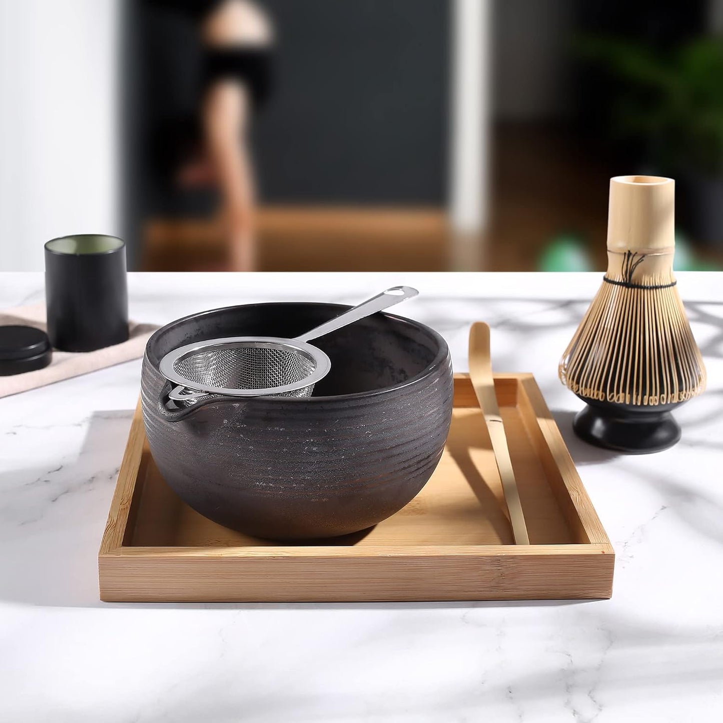 Ceremony Matcha Kit - Traditional Bamboo Matcha Whisk (Chasen) Scoop (Chashaku) Chawan Bowl with Pouring Spout Whisk Holder Sifter Tea Tray - The Perfect Matcha Set (Baby Pink, Set of 7)