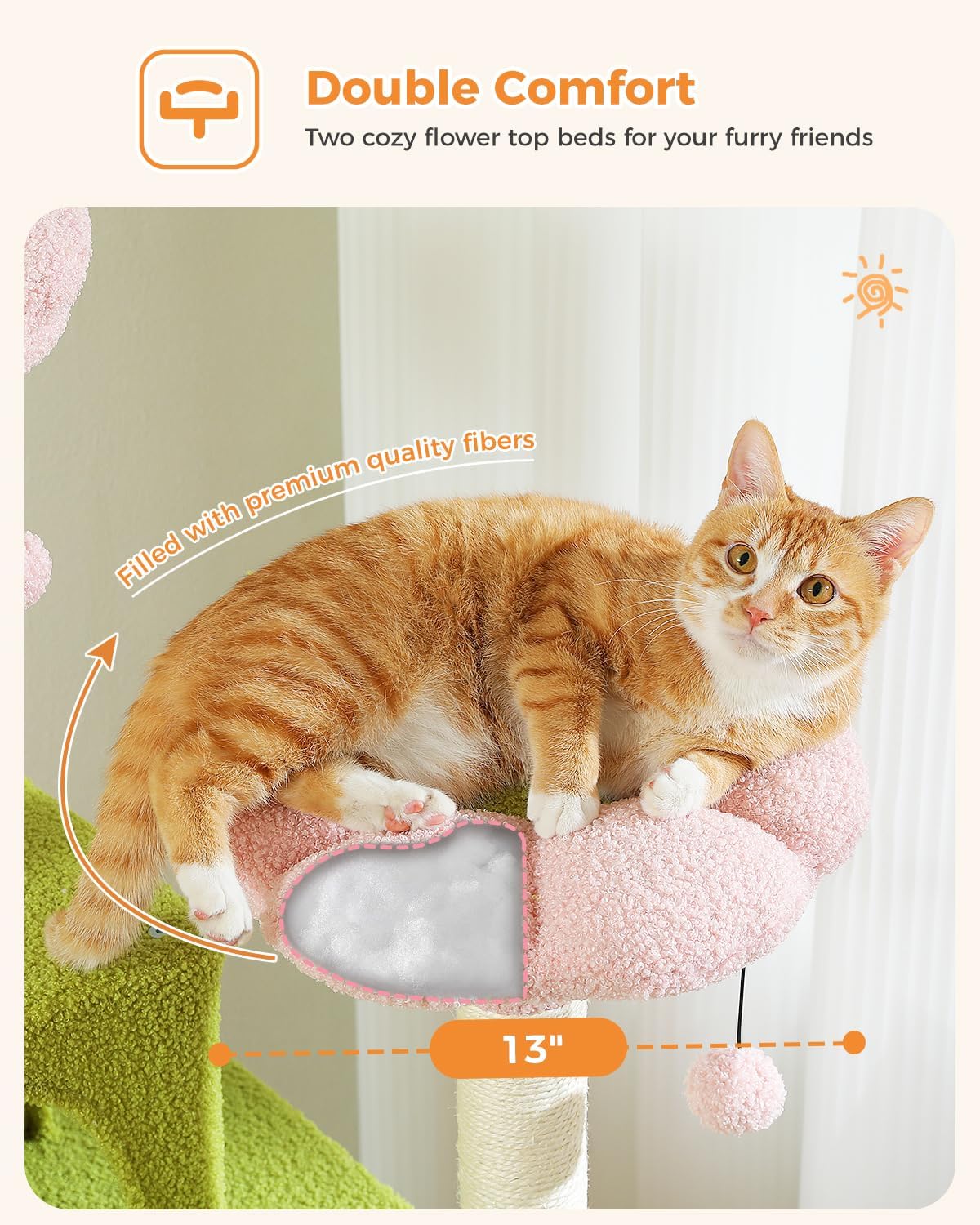 MUTTROS Flower Cat Tree, 70.9-inch Tall Cat Tower in Blossom Pink with 2 Condos & Large Hammock, Whimsical Cat Activity Center with Pom Poms for Indoor Cats