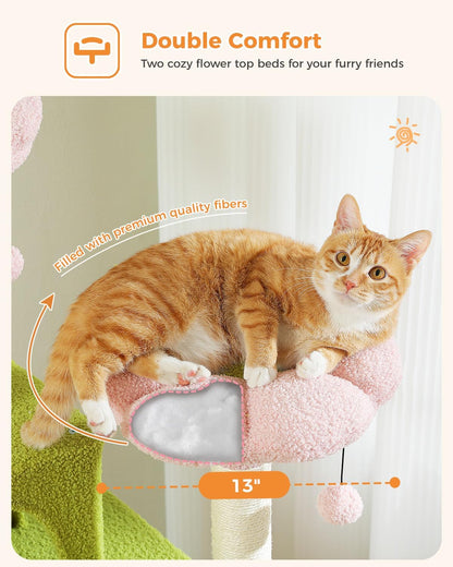 MUTTROS Flower Cat Tree, 70.9-inch Tall Cat Tower in Blossom Pink with 2 Condos & Large Hammock, Whimsical Cat Activity Center with Pom Poms for Indoor Cats
