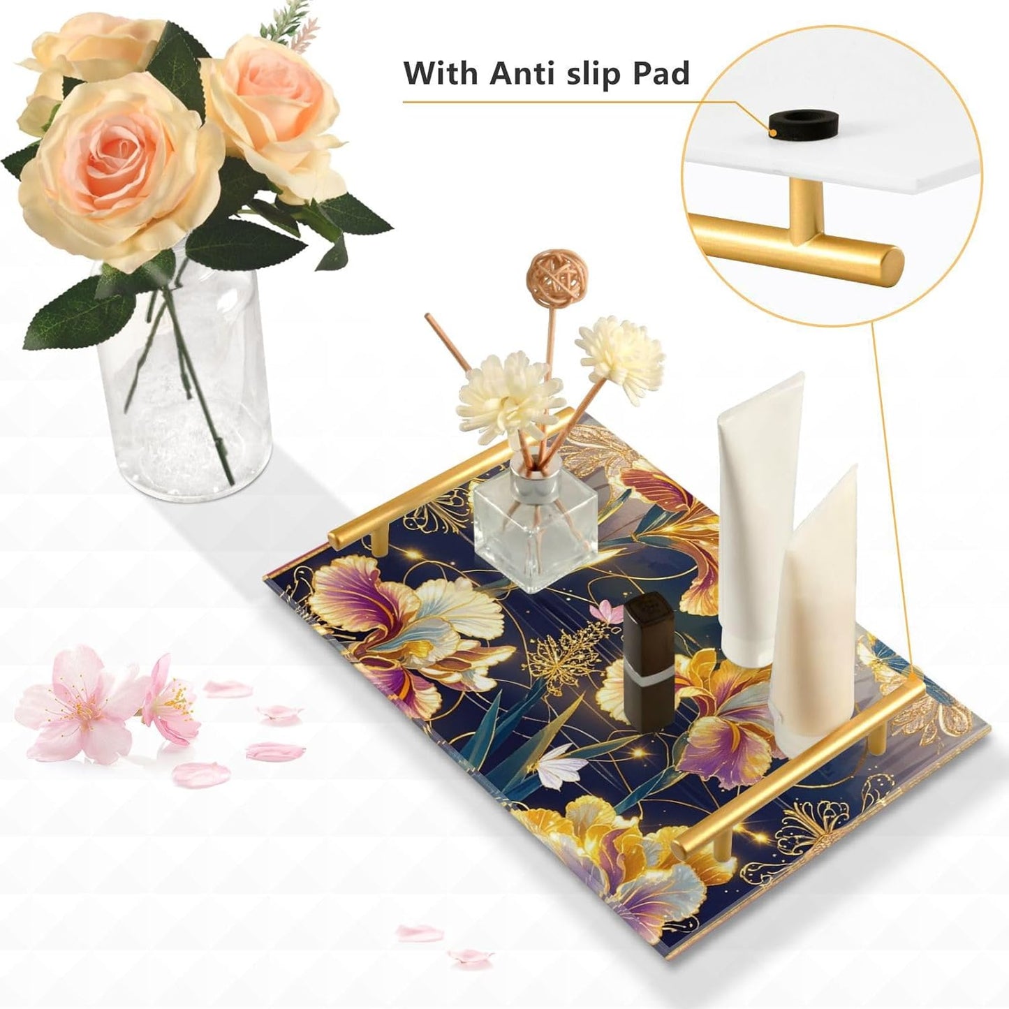 Pink and Gold Retro Flowers Decorative Rectangle Trays with Handles Trays for Eating for Jewelry Perfume for Bar Kitchen Party, Amber