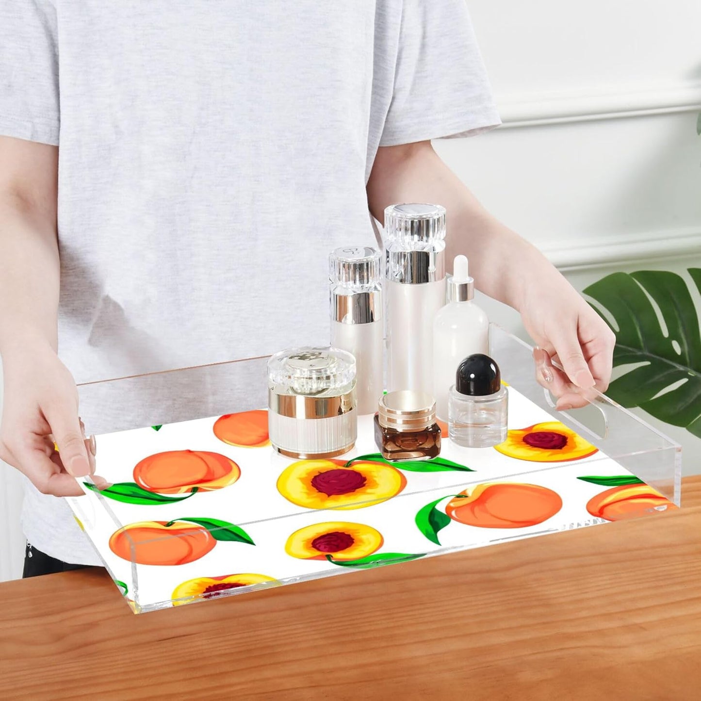 Peaches Serving Tray, 15.7x11.8 Inches Decorative Acrylic Tray with Handles for Breakfast, Coffee Table, Bathroom Organizer, Storage Tray