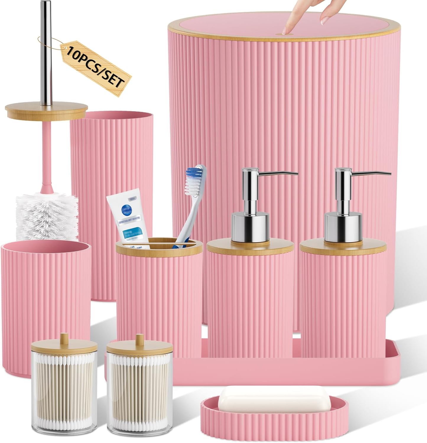 10PC Bathroom Accessories Set - Pink and Wooden Bathroom Sets, Bathroom Accessory Set with Pop Up Trash Can, Toilet Brush, Trash Can, Qtip Holder & Soap Dispenser