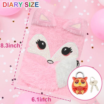 Plush Fox Diary, Pink Girls Diary with Lock, Kid Diary, Kids Journal Notebook Set with Lock and Pen, 80 Lined Sheet, School, Birthday Gift A5