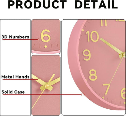 Roymnie Silent Wall Clocks Battery Operated 8 Inch-Modern Non Ticking Analog Clock Decorative for Kitchen Office Bathroom Bedroom(Pink Gold)