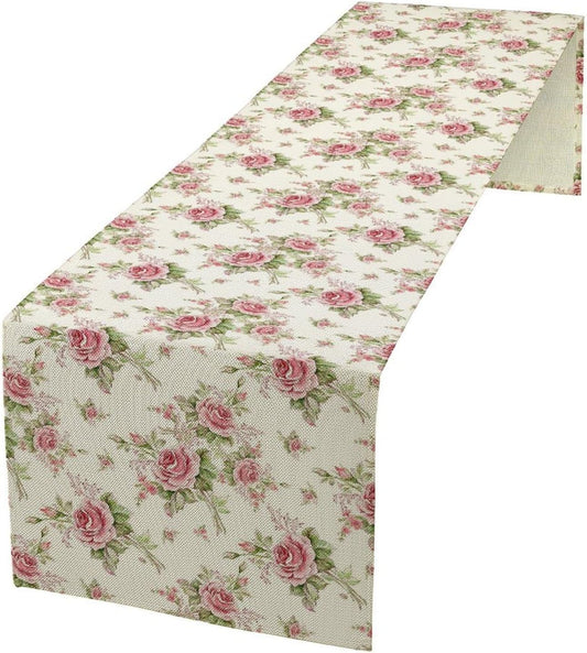 Romance Pink Rose Flower Table Runner,Rustic Vintage Watercolor Floral Botanical Print Table Decor for Coffee Table Dining Room Table Bedroom Party 13x36in