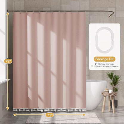 AmazerBath Pink Boho Shower Curtain with Tassels, Modern Farmhouse Shower Curtains for Bathroom, Pink Shower Curtain Fabric, Rustic Faux Linen Shower Curtain Set with Hooks, 72x72 Inches