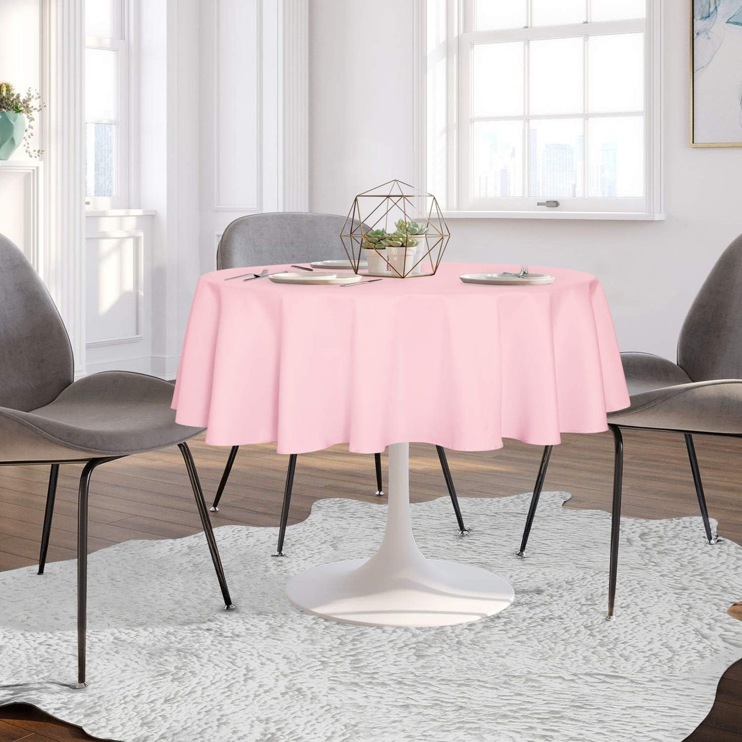 sancua 60 Inch Round Tablecloth (Fits 20-48 Inch Tables), Water Resistant Spill Proof Washable Polyester Table Cloth Decorative Fabric Table Cover for Dining, Buffet Parties and Camping, Pink