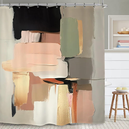 Abstract Blush Pink Black Bathroom Shower Curtain 60W by 71H Inch Modern Contemporary Brushstroke Aesthetic Art Minimalist Polyester Fabric 12 Plastic Hooks Waterproof Decor