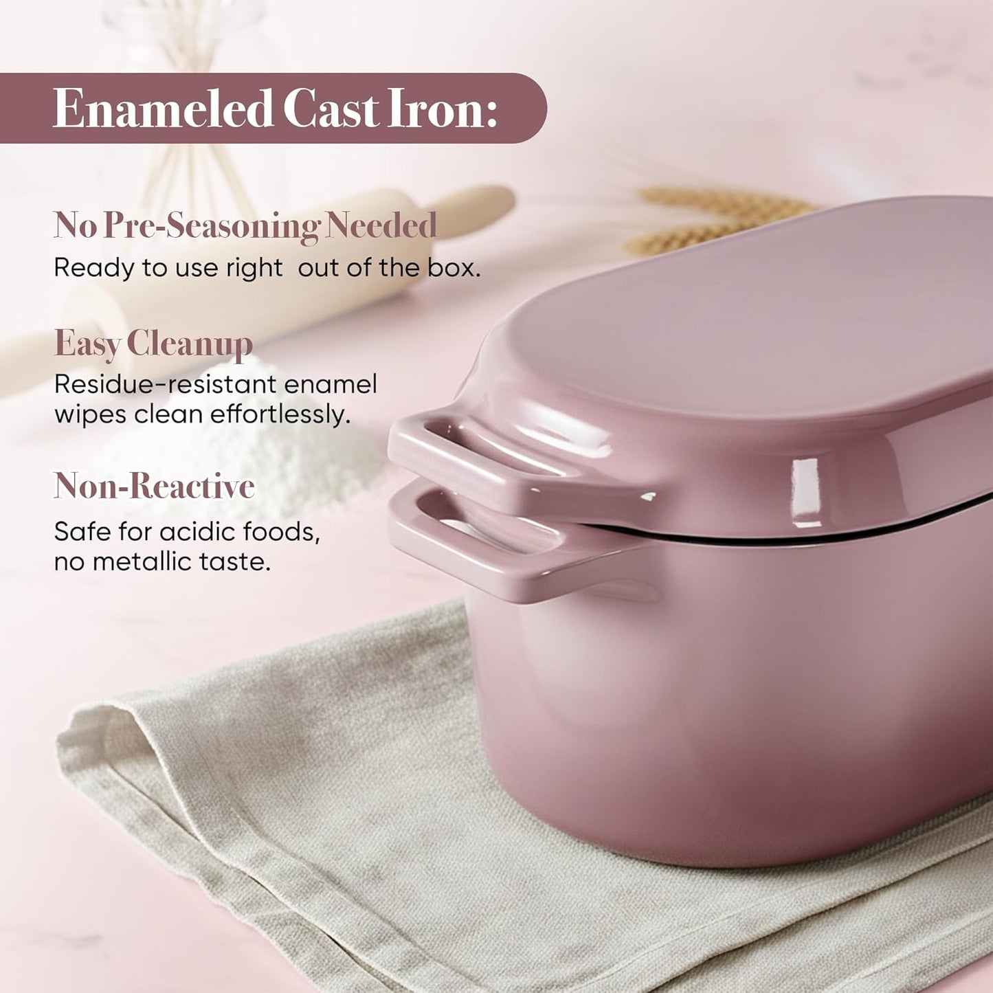 Dutch Oven for Bread Baking, 3.4 QT Bread Dutch Oven for Sourdough,Enamelled Cast Iron Bread Oven with Lids, Heavy-Duty Non Stick Sourdough Loaf Pan, Meatloaf Pan, Pink