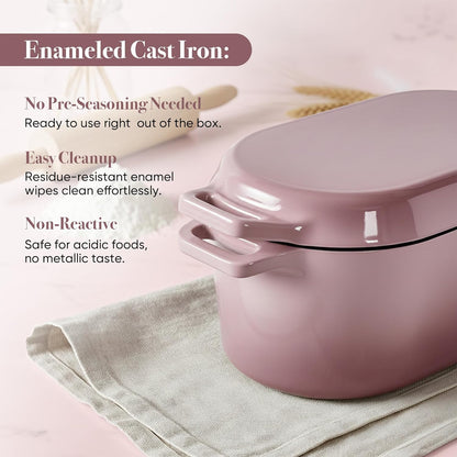 Dutch Oven for Bread Baking, 3.4 QT Bread Dutch Oven for Sourdough,Enamelled Cast Iron Bread Oven with Lids, Heavy-Duty Non Stick Sourdough Loaf Pan, Meatloaf Pan, Pink