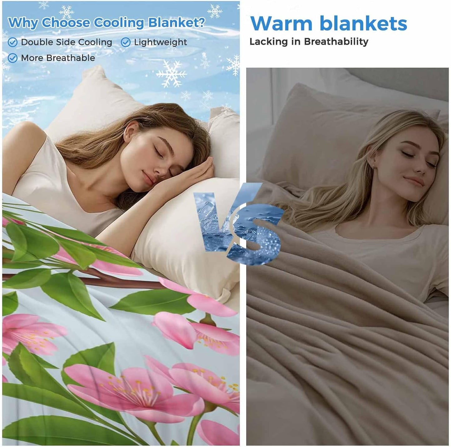 Cooling Blanket for Hot Sleepers, Pink Peach Flowers Lightweight Breathable Summer Blanket, Spring Botanical Watercolor Floral Blue Double-Side Cool Throw Blankets for Sleeping Travel, 30"x40"