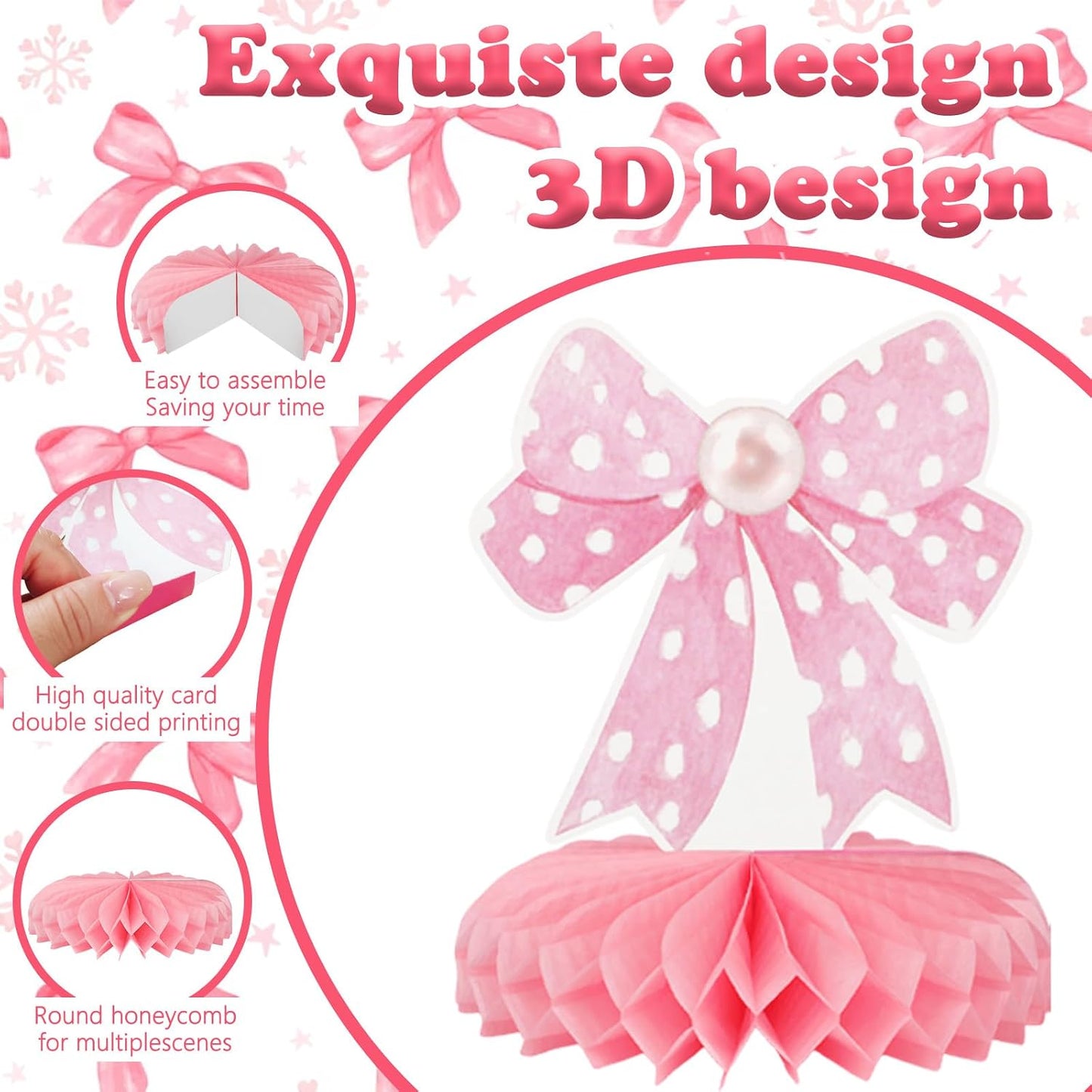 9Pcs Pink Bow Party Honeycomb Centerpieces Decorations, 3D Coquette Birthday Decorations, Pink Bow Table Decor for Birthday Bachelorette Bridal Party