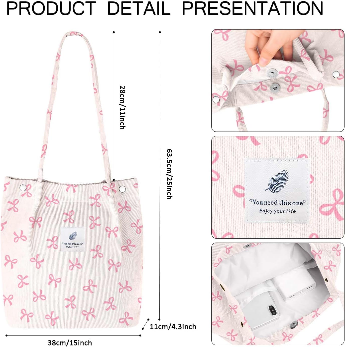 Ayieyill Corduroy Tote Bag for Women Canvas Shoulder Cord Purse with Inner Pocket